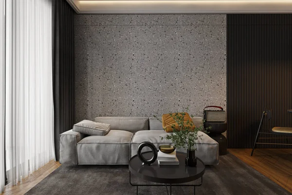 Simple Gray Couch near the window and in front of coffee table, 3D rendering