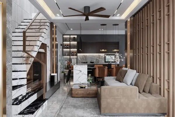 モダンなミントソファー付きのリビングルームのスタイリッシュなインテリアデザイン 階段近くのキューブコーヒーテーブル 3Dレンダリング — ストック写真