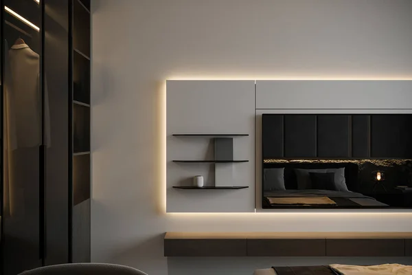 Wall shelves on the wall mounted beside the TV, TV mounted cover up with LED light, 3D rendering