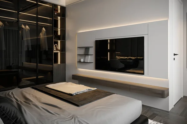 White TV mounted with Smart TV in front of Bed and near the Black Slice door closet, 3D rendering