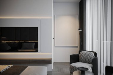 Siyah ve beyaz rahat koltuklar ve TV biriminde asılı TV, 3 boyutlu görüntüleme