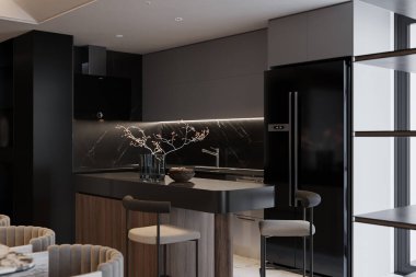 Açık Mutfak 'a beyaz ve bej renkli siyah dekor kombinasyonu, 3D görüntüleme