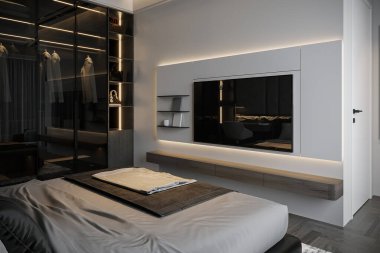 Siyah Cam Slayt Dolabı Beyaz Duvar Dağı TV ile akıllı yatak odası, 3D görüntüleme