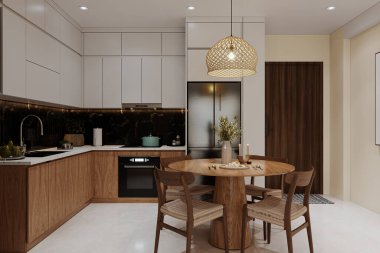 Ahşap Mobilya ve Beyaz Dolaplı Mutfak İçi 3 boyutlu