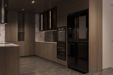 Ahşap malzemeler ve teknolojiyle modern mutfak döşemeleri, döşeme döşemeleri, 3D döşeme