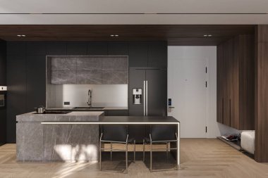 Marble Kitchen Adası ve teknolojisiyle Açık Mutfak İçi, 3D görüntüleme