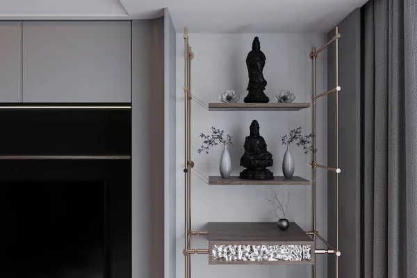 Buddhist sculpture displayed on the wall Stand, 3D rendering