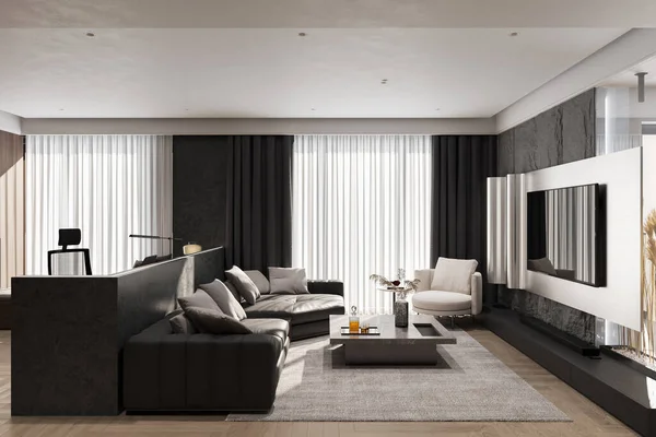 Sophistic living room with well furnished and large window with black and white curtain, 3D rendering