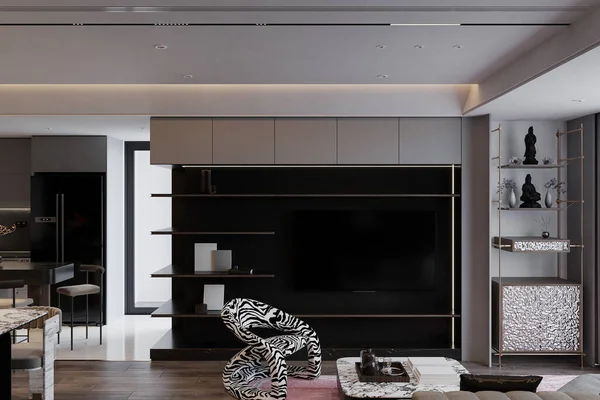 Stylish Barcelona chair in front of TV Cabinet next to Self in a smart living place, 3D rendering