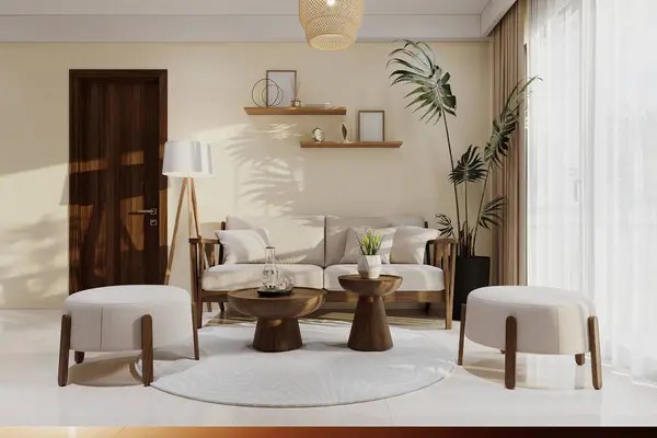 Wall Unit With Show-Piece, and White mock-up Poster frame on the wall, white Comfy wooden Sofa, Stools, Coffee table in sophistic living room, 3D rendering