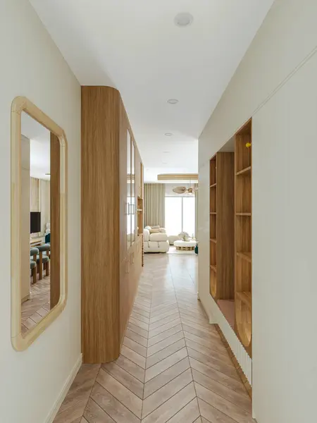 Wooden Frame Mirror Hanging on the wall, Attached Shoe Cabinet on the wall in foyer Space, 3D rendering