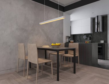 A view of Dining Cum Open kitchen, Well-Furnished, 3D rendering