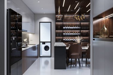 A well-furnished decor with luxurious furniture and smart technology in the dining cum kitchen, 3D rendering