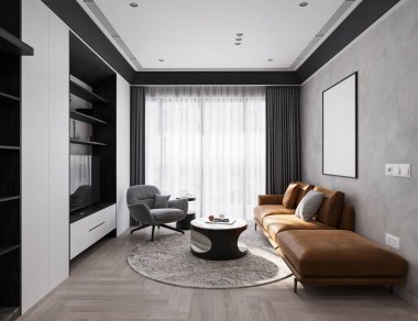 Panoramik pencerenin yanındaki kahverengi deri Modüler kanepe, TV dolabı, ve modern yaşamda Armchair, 3D görüntüleme
