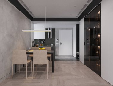 Mermer masalı rahat deri koltuklar tavanda asılı kolye, üç boyutlu görüntüler.