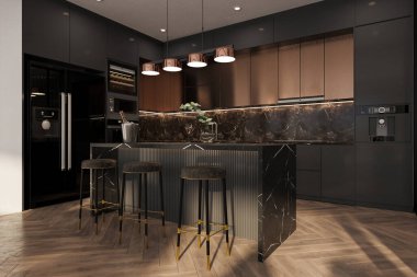 Kara mutfak adasıyla mutfakta siyah stil aletler var.