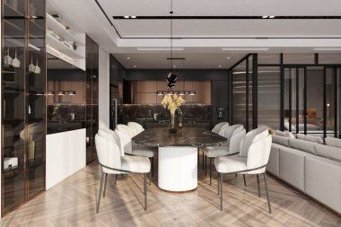 Siyah Mable tablosu olan gri kumaş koltuklar, 3 boyutlu görüntüleme