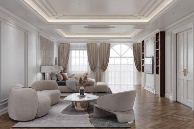 Moda koltuğu, koltuk, beyaz süsleme, perdeli panoramik pencere, 3D işlemeli minimalizm modern iç tasarımı