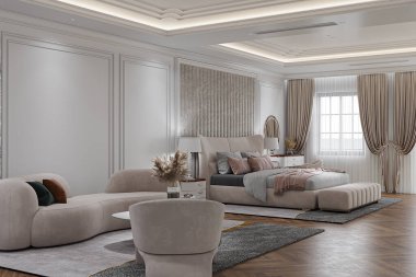 Stylish Couch ile minializm modern iç tasarım temiz yatak, beyaz dekorasyon, panoramik pencere perdeli, 3D görüntüleme