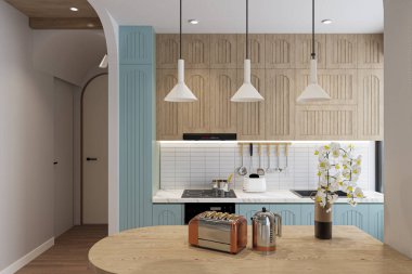 Stylish wooden coffee table on the carpet and cozy sofa, dining set-up in the living cum dining interior, 3D rendering