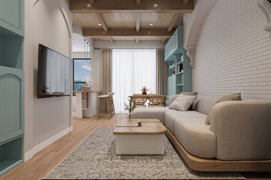 Beyaz tuğla arka plan, Hardwood Tavan, TV, canlı iç mekan, 3D görüntüleme