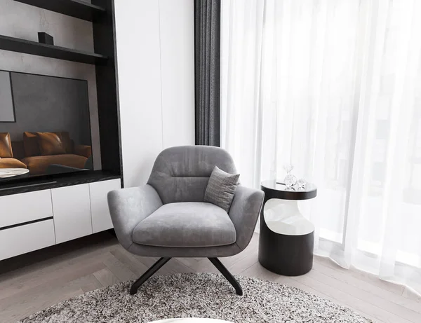 A Stylish Gray armchair and a console table beside the balcony door, 3D rendering