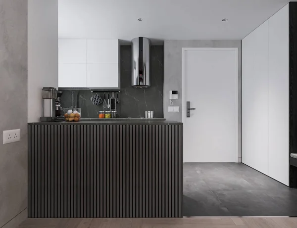 Eggs into a pot, coffee maker on the Black Counter, And a white cabinet in the kitchen, 3D rendering