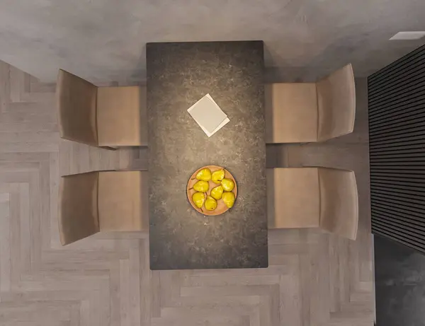The top view of Dining, Fruits and books are on the table, 3D rendering