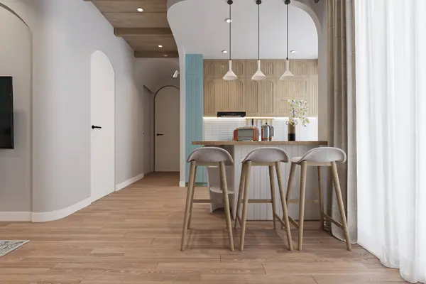 A pendant chandelier hanging over the kitchen counter, tools in the open kitchen, 3D rendering