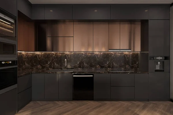 Black interior with black stuff and touches in the kitchen, 3D rendering