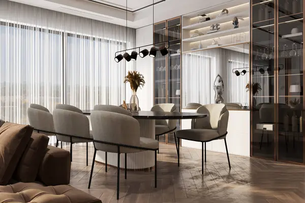 Panoramic view from Window, well-furnished dining with luxurious, 3D rendering