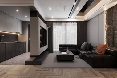 Mutfak ve oturma odası manzarası, oturma odasına güneş ışığı girişi, 3 boyutlu görüntüleme.