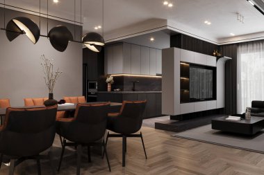 Lüks dairenin 3 boyutlu görüntüsü, açık mutfak, oturma odası, her yerde yemek, 3 boyutlu döşeme.