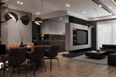 İç mekan, modern karanlık yemek odası iç mekan, açık mutfak ve oturma odası, 3 boyutlu tasarım.