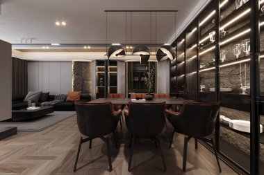 Masa ve sandalyeli lüks evin genel manzarası, kanepe, avize, duvar vitrini, 3D görüntüleme