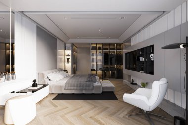 Şatafatlı yatak odası, rahat ve zahmetsiz yatak, yatağın yanında giyinme odası, 3 boyutlu görüntüleme.