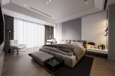 Lüks yatak odası, rahat ve zahmetsiz yatak odası, beyaz tavan, Kol Sandalyesi, 3 boyutlu görüntüleme