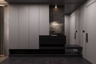 Beyaz dolap, taş duvar, 3D işlemeli basit ve zarif foye alanı