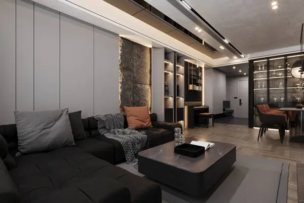 A 3D view of a Black modular sofa with pillows, plaid, and coffee table into modern interior , 3D rendering