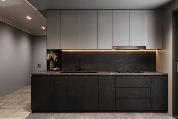 Black Island, Cupboard, White Cabinet Into modern kitchen, 3D rendering