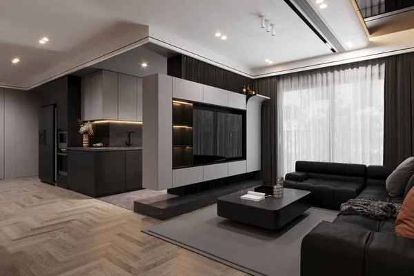 Elegant decoration with Black furniture, White Decoration, Panoramic Window with White and black Curtain, parquet flooring everywhere, 3D rendering