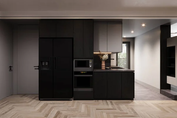 Fridge, Oven setting on the wall and Black touches in the open kitchen, 3D rendering
