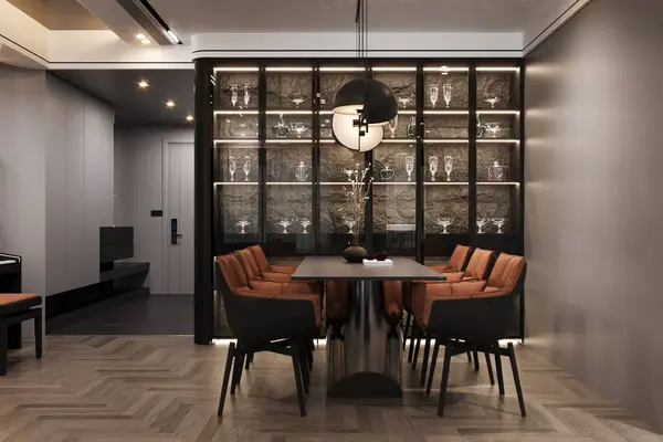 Glass door wall unit with stone background, Black and brown Comfy Chairs with Table in the dining room, 3D rendering