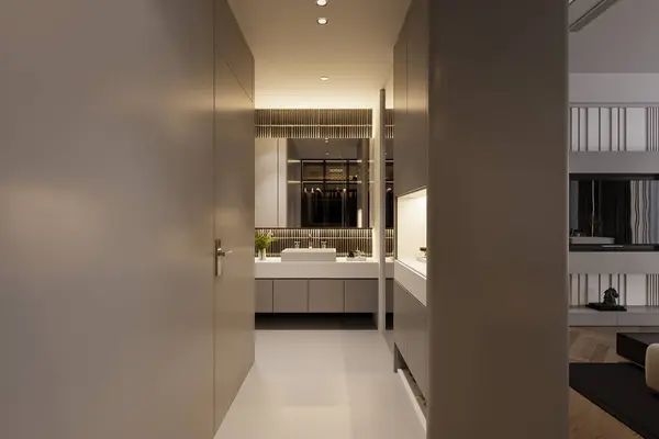 Interior of modern restroom, Sink, Mirror, cabinet into the interior, 3D rendering