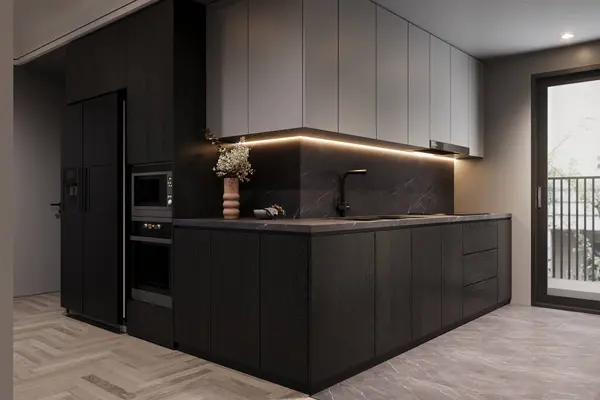Open kitchen interior with fridge, oven, Black island, 3D rendering