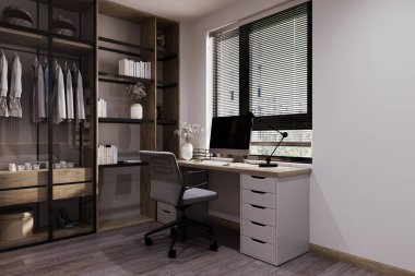 Kitaplar, vazolar, giysiler ve diğer kişisel eşyaları düzenleyen bir duvar ünitesi olan bir dolap. Yatak odasının penceresi ve masasının yanında.