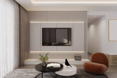 Parlak ve rahat modern yaşam alanı, geniş pencere ve geniş pencere pervazı yumuşak koltuklar, kahve masası ve televizyon paneli ile okumak için. 3B görüntüleme