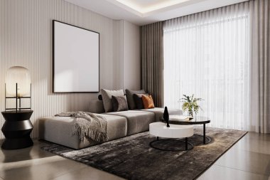 Parlak ve rahat modern yaşam alanı, geniş pencere pervazı, yumuşak modüler kanepe ve kahve masası ile okumak için geniş pencere pervazı, beyaz maket poster. 3B görüntüleme