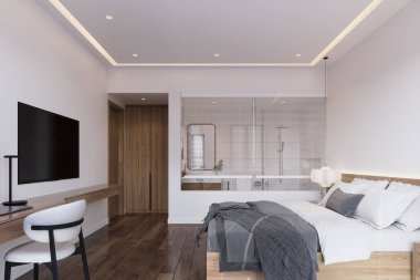 Drak gri ekose kumaş ve yastıklar rahat bir yatakta, TV yerleştirme, ahşap zemin. 3B görüntüleme