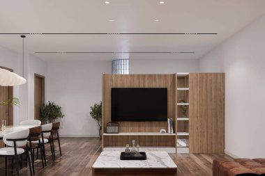 Wooden Wall TV paneli, televizyon, botanik fabrikası ve duvar boyasıyla modern minimalist iç mimari. 3B görüntüleme